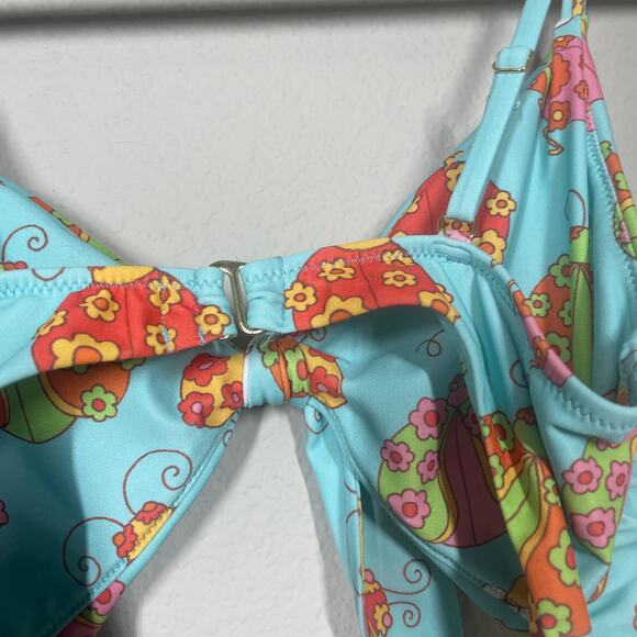 ModCloth Size Large The Siena One-Piece Swimsuit Blue Floral Tie Front Ladybug - Picture 7 of 10